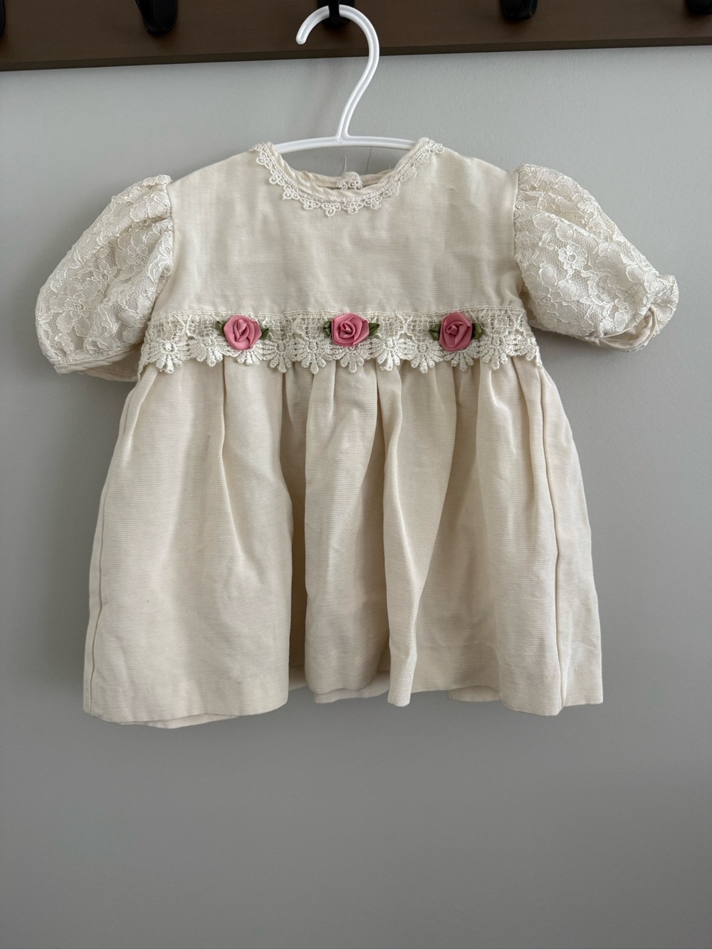 Cream Floral Trim Baby Dress with Pink Roses